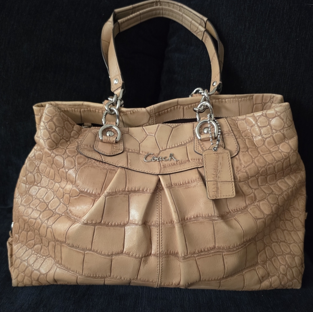 Coach Ashley tan croc-embossed leather carryall tote bag